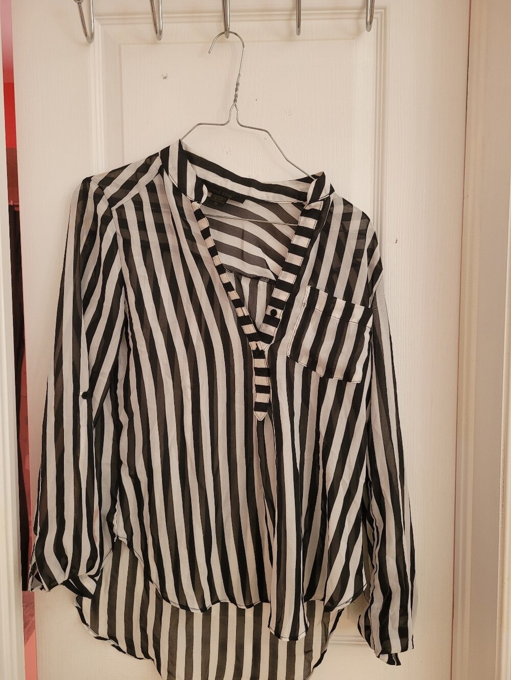 Black and White Striped V-Neck Blouse - Women Tops